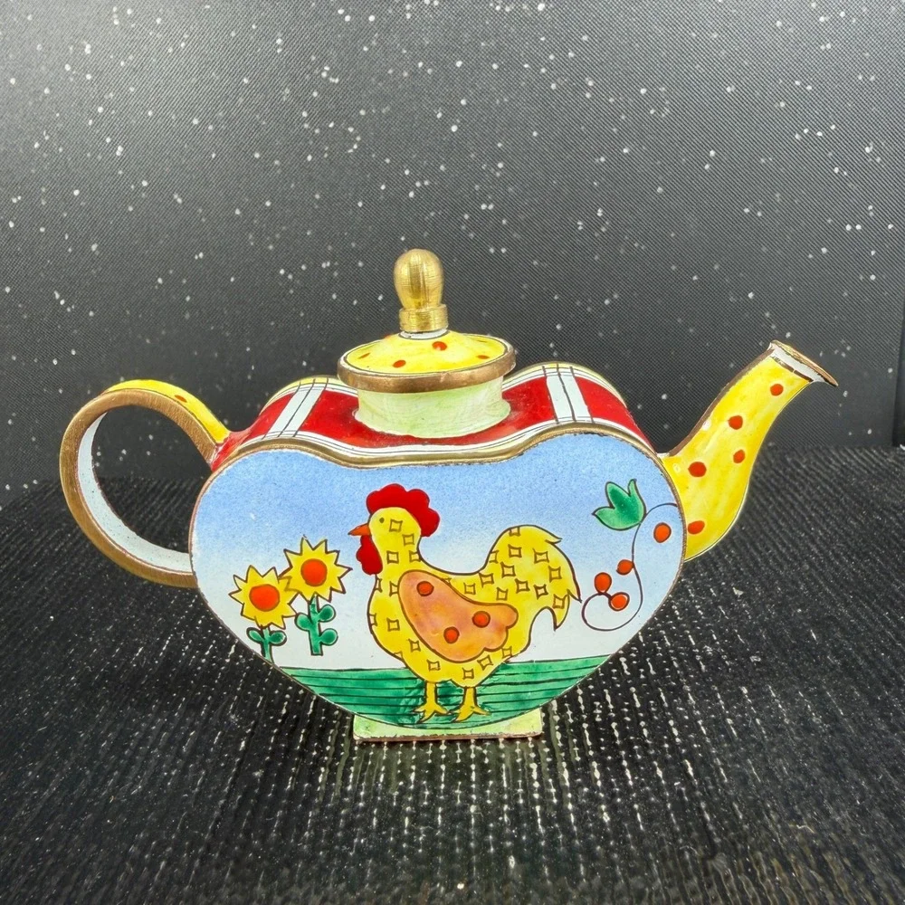 Kelvin Chen 1999 Miniature Rooster Heart Enamel Teapot US 80 CP Hand Painted 3x4
